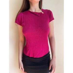 Fuschia Short Sleeve Slit Neckline Slinky Top